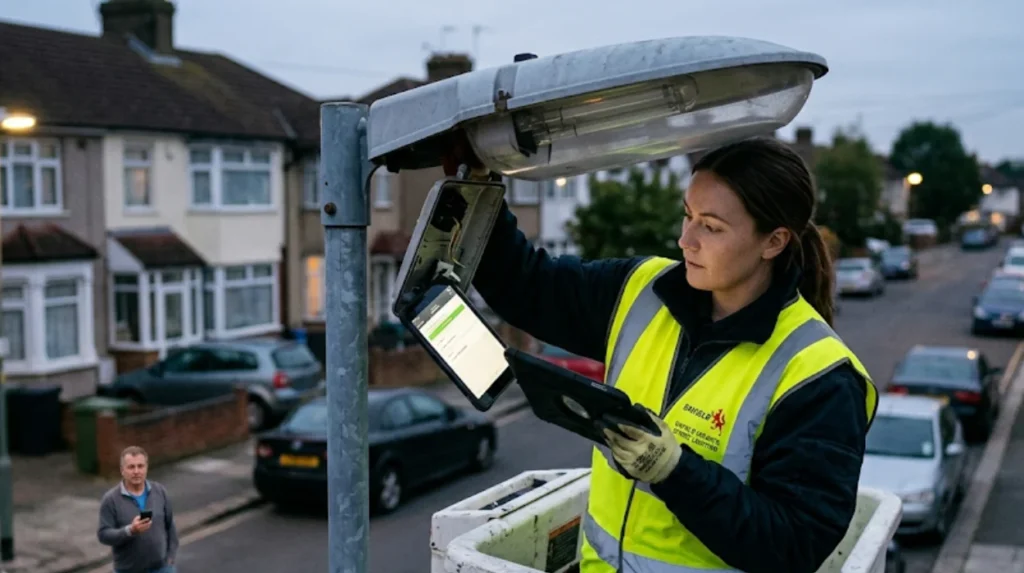 How can I track the progress of my street light repair report in Enfield?