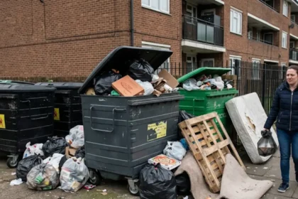 Why are communal bin areas poorly maintained in Enfield estates?