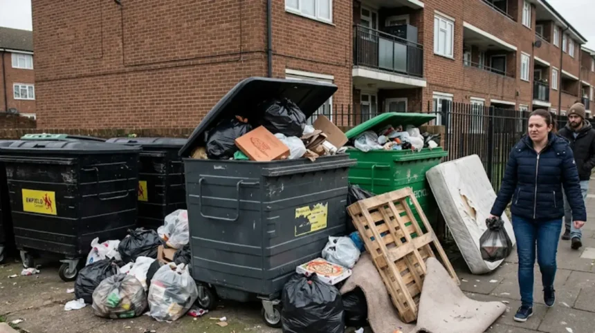 Why are communal bin areas poorly maintained in Enfield estates?
