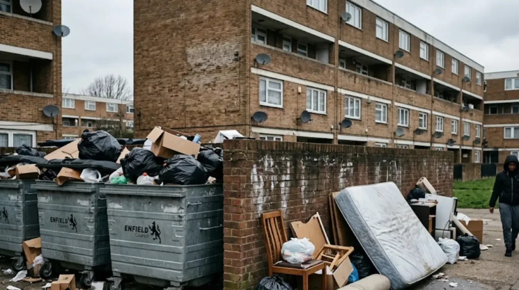 Why do communal bin areas in Enfield estates become neglected?